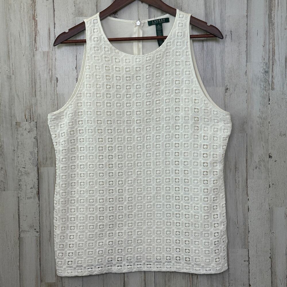 Lauren Ralph Lauren 100 Cotton Eyelet Tank Top Blouse XL Cream Quiet Luxury EUC